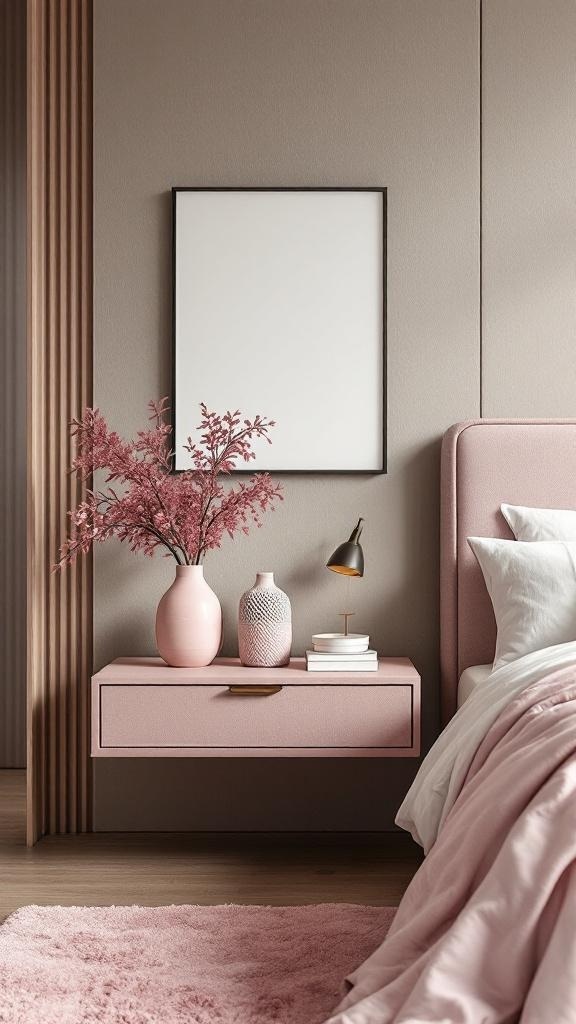 Chic floating nightstand with pink decor in a cozy bedroom setting.