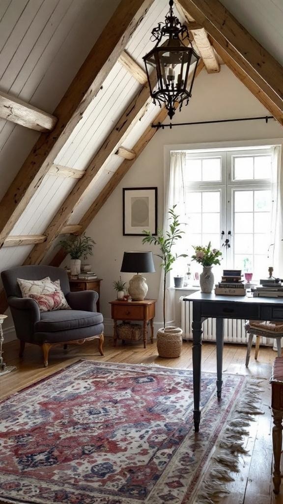 Cozy attic home office with vintage decor and wooden beams.