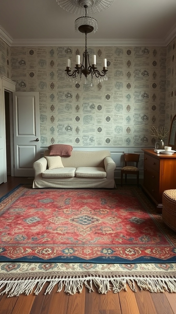 A cozy vintage bedroom with layered rugs, featuring a patterned rug on top of a neutral base.