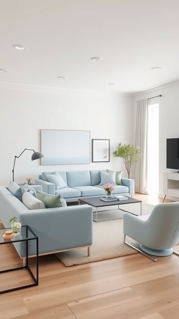 A modern living room featuring a light blue sofa, wooden coffee table, and minimal decor.