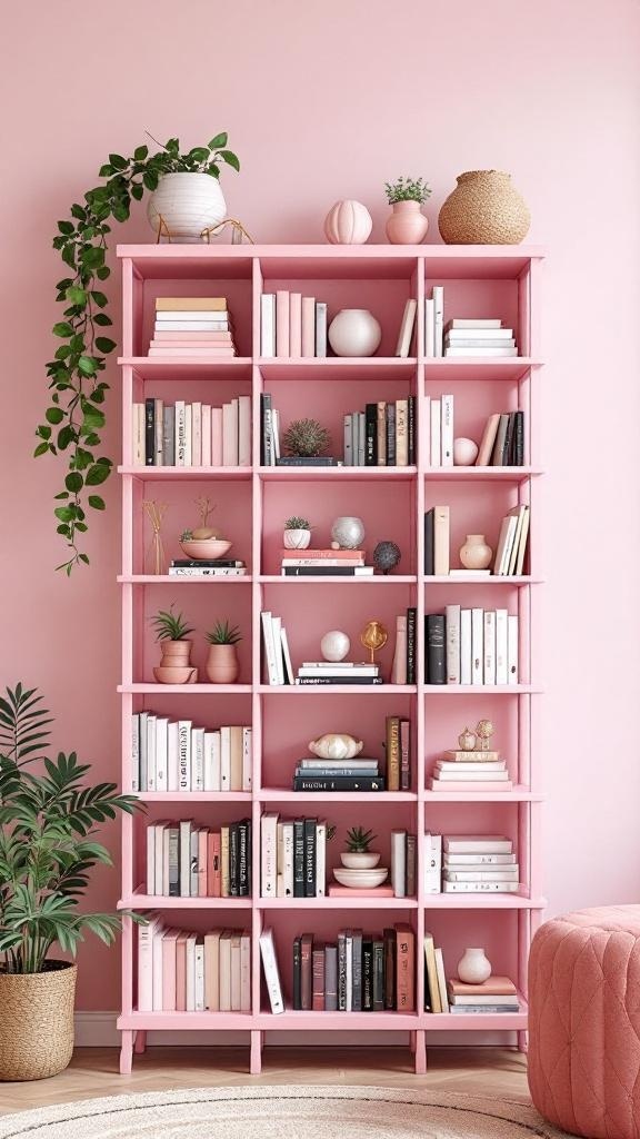 Chic pink bookshelf filled with books and decorative items.