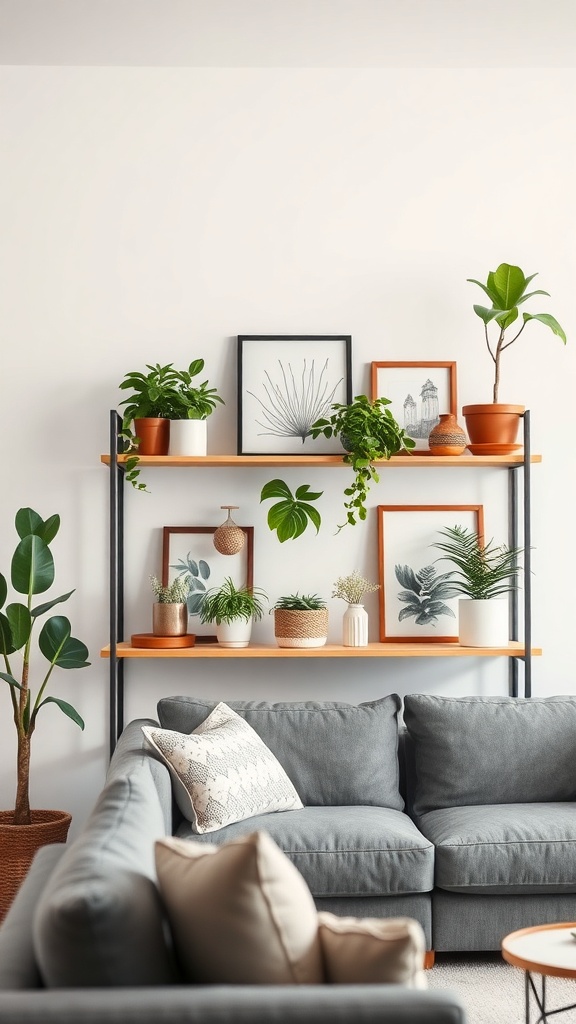 A stylish plant shelf with various plants and framed art above a cozy couch.