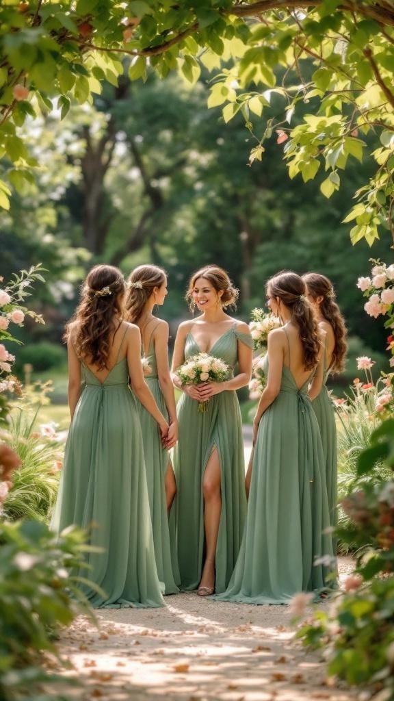 Bridesmaids in sage green dresses in a garden setting.