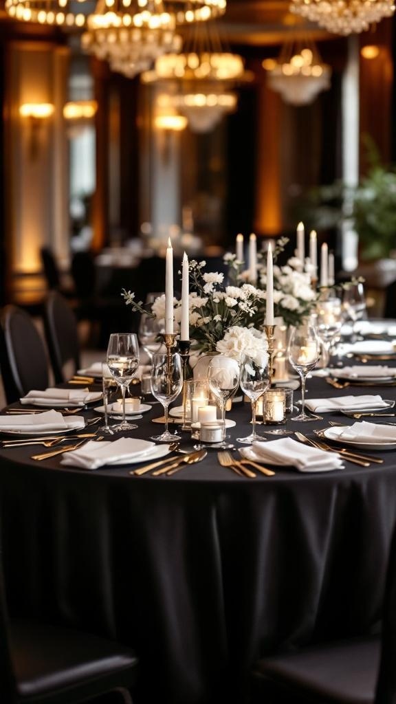 Elegant wedding reception table with black linens, candles, and floral arrangements.