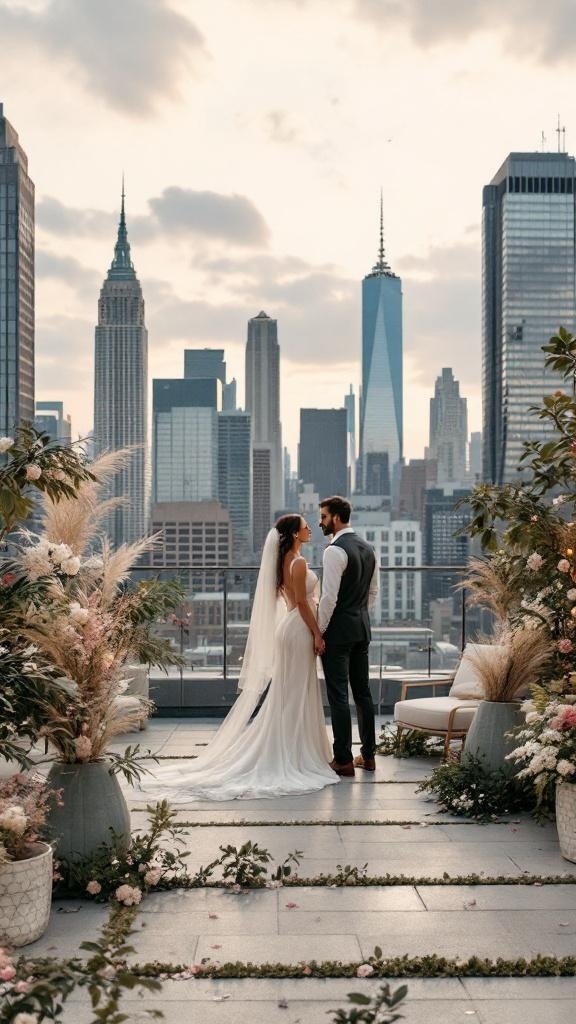 Couple standing on a rooftop with a city skyline in the background, surrounded by floral decorations.