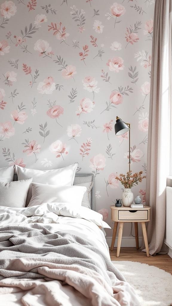 A beautifully designed pink and grey bedroom featuring floral wallpaper, soft bedding, and a stylish bedside table.