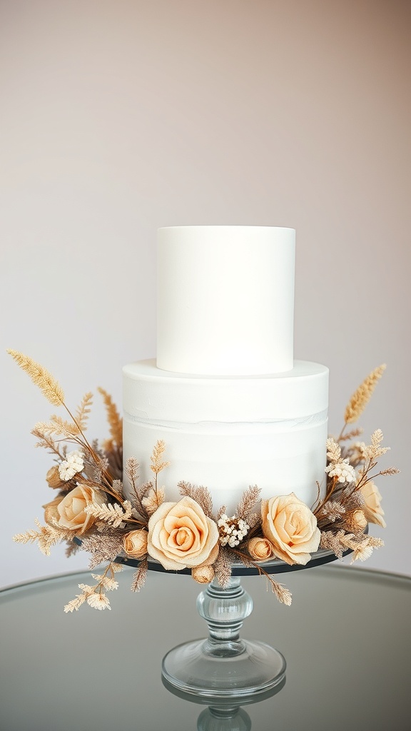 Chic white wedding cake adorned with khaki dried flowers.