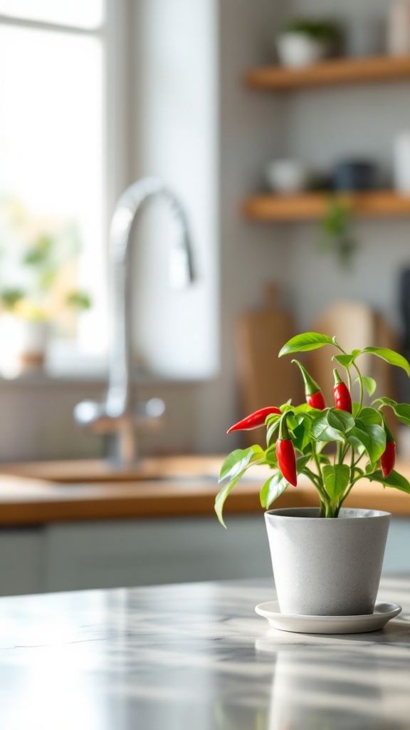 A small pot of chili pepper plant with red peppers on a kitchen countertop