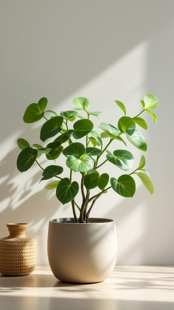 A Chinese Money Plant in a light-colored pot, with round leaves catching sunlight.