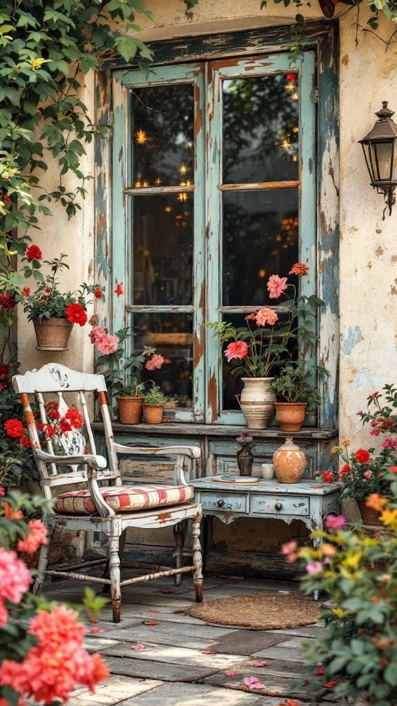 A vintage patio with chipped paint furniture surrounded by colorful flowers.