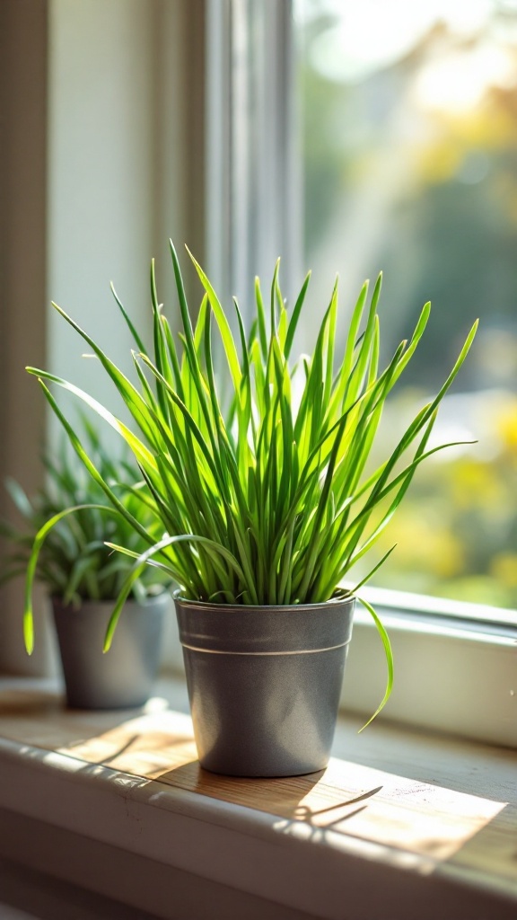 Potted chives growing in a sunny kitchen window