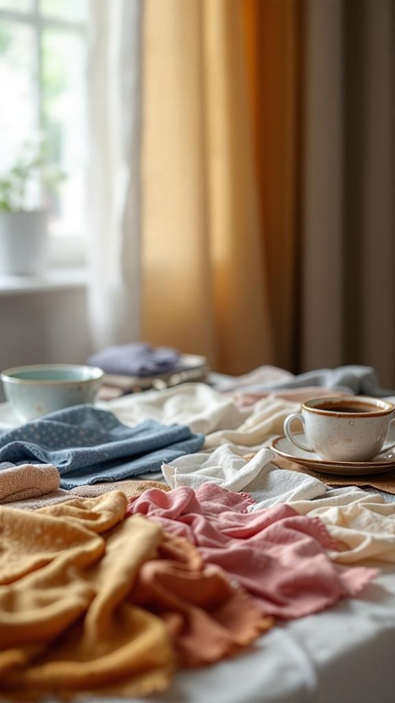 A variety of colorful fabrics laid out on a table with a cup of coffee.