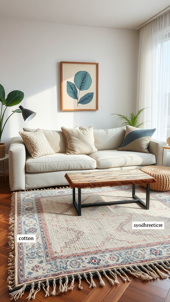 Living room with a cotton rug, comfy sofa, and coffee table.