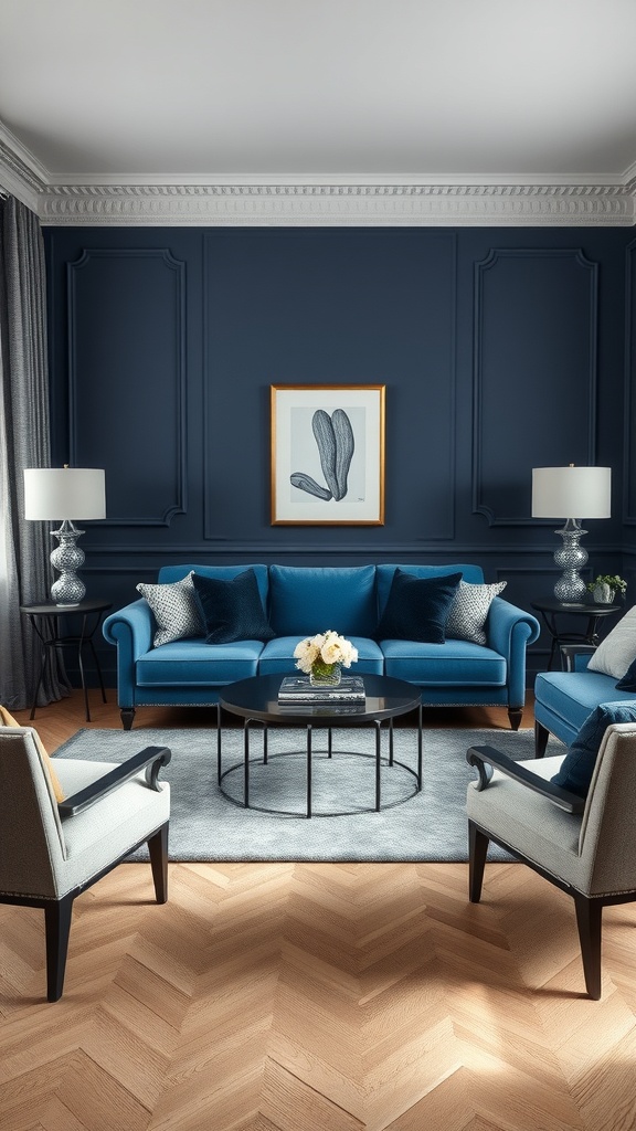 A stylish living room featuring a blue sofa, dark walls, and elegant decor.