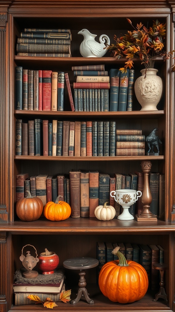 A vintage bookshelf filled with classic books, pumpkins, and decorative items for fall decor.
