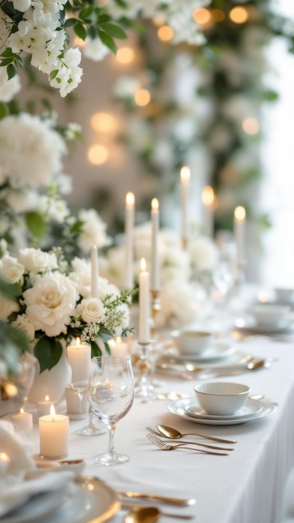 A beautifully arranged wedding table featuring white flowers, candles, and elegant tableware.