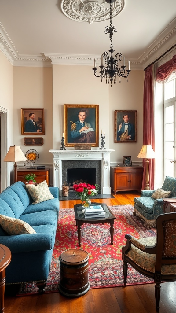 Living room featuring a royal blue sofa with classic decor elements.