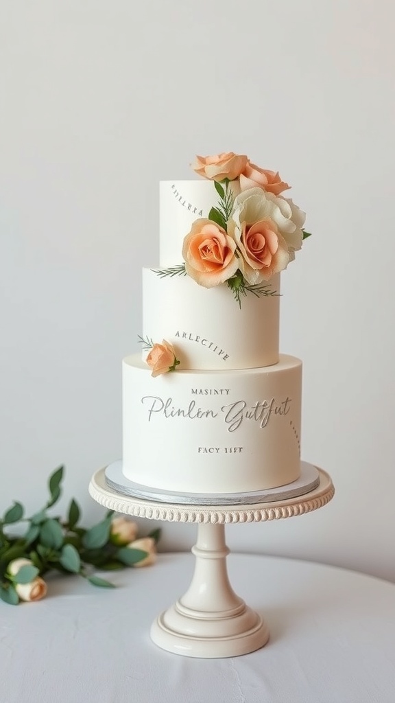 Classic white wedding cake with khaki floral accents