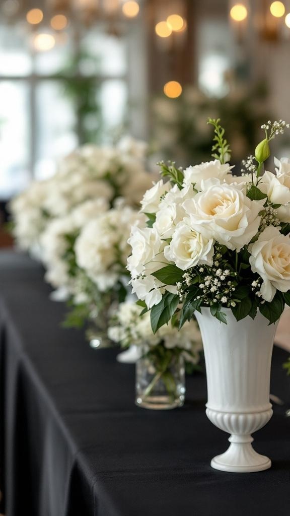 Beautiful white floral arrangements in elegant vases on a black tablecloth at a wedding reception.