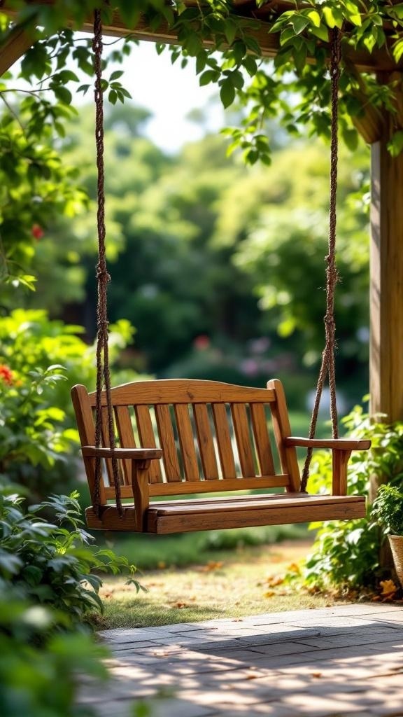A classic wooden swing hanging in a lush garden setting.