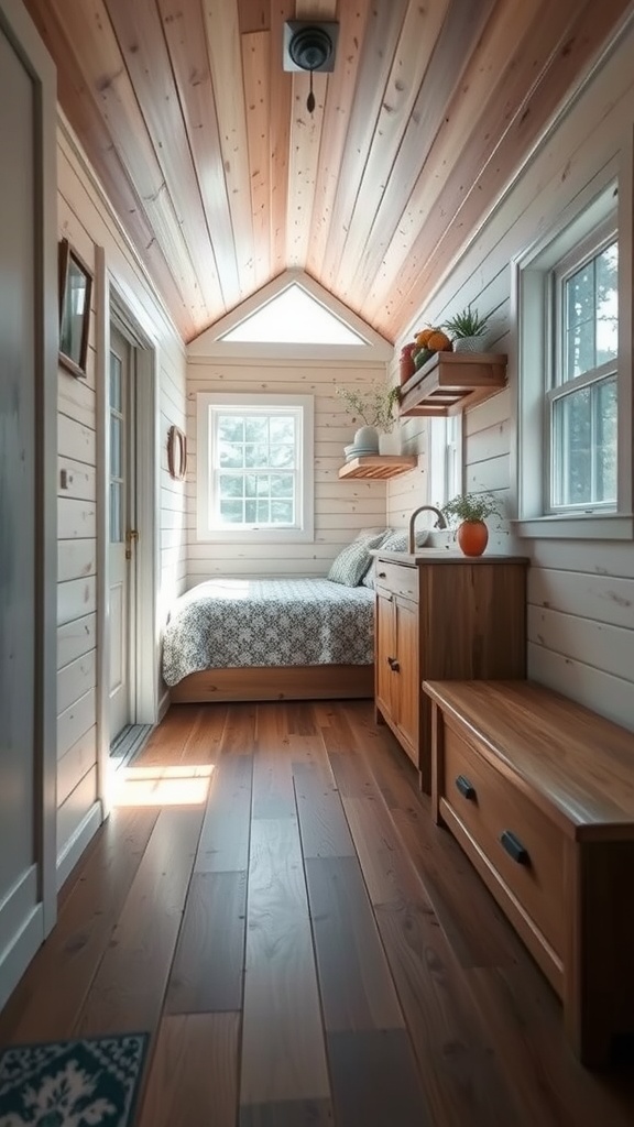 A cozy interior of a tiny house featuring wooden floors and various storage solutions.