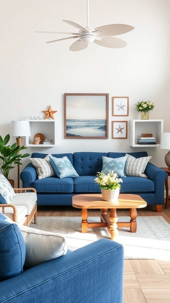 Living room featuring a navy blue sofa with coastal decor.