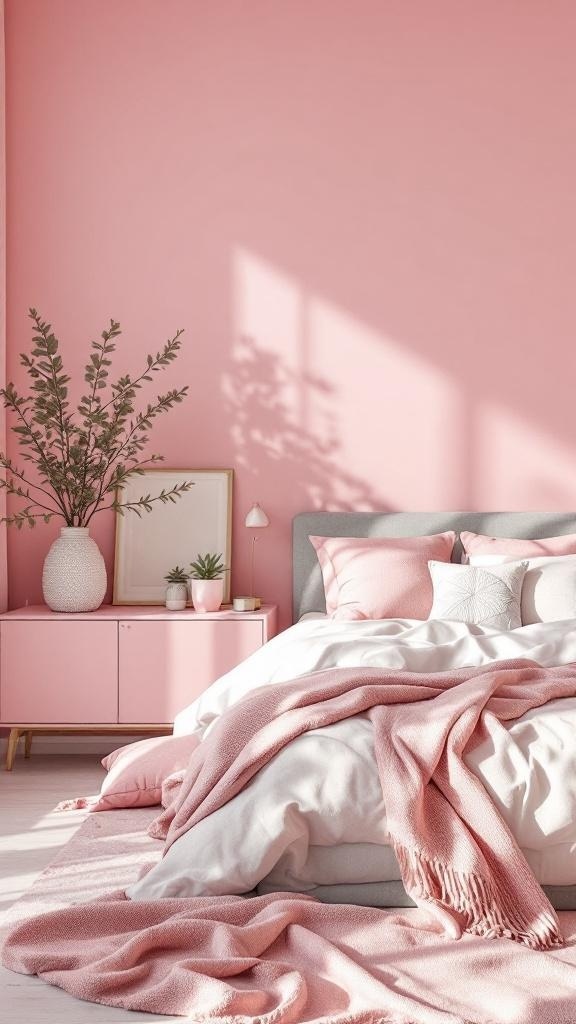 A pink and grey bedroom featuring pink walls, grey bedding, and decorative elements.