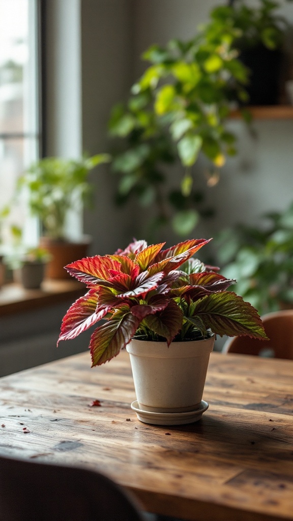 A vibrant coleus plant with red and green leaves in a white pot on a wooden table.