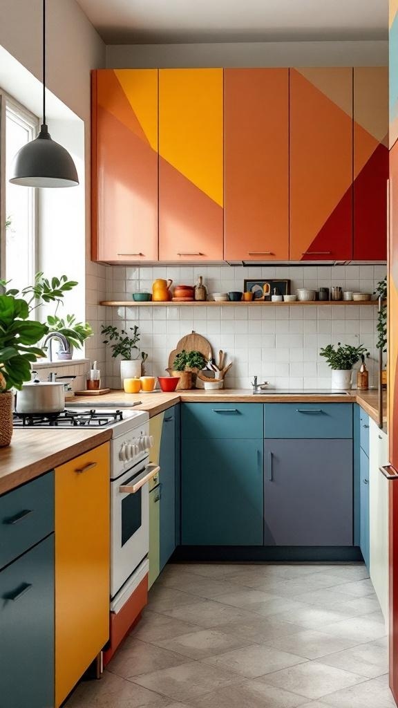 A colorful kitchen with color-blocked cabinets in orange, yellow, blue, and red.