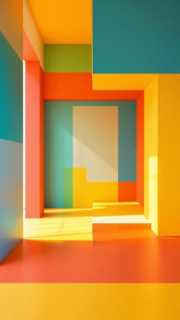 Color blocked walls in vibrant hues of orange, teal, yellow, and green.