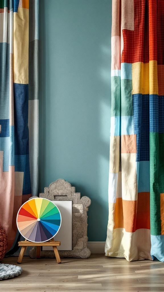 Colorful patch curtains with a color wheel in a cozy room.