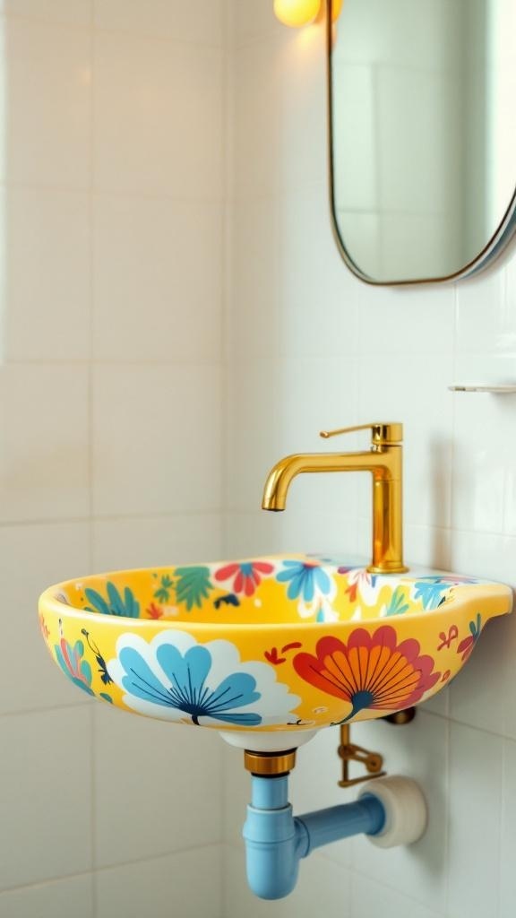 A colorful ceramic sink with floral designs and a gold faucet in a bathroom.