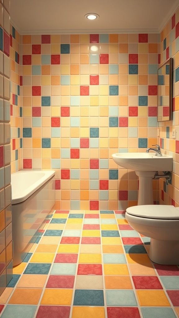 Colorful floor tiles in a retro bathroom setting.