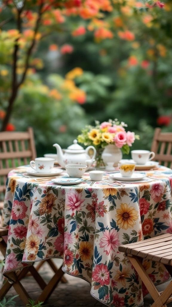 A patio table set with a colorful floral tablecloth, tea set, and fresh flowers.