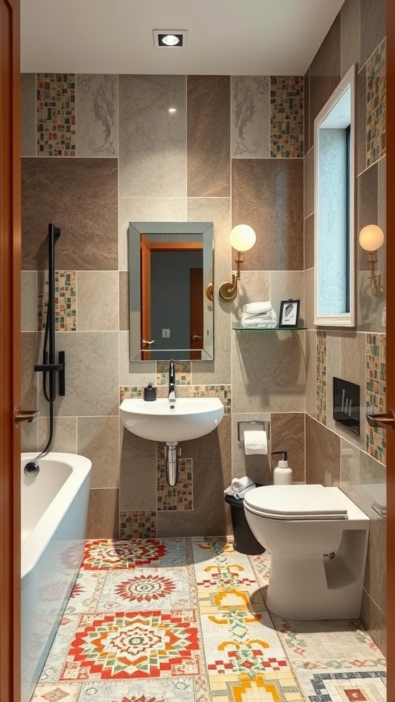 A stylish bathroom featuring colorful mosaic tile accents on the walls and floor.