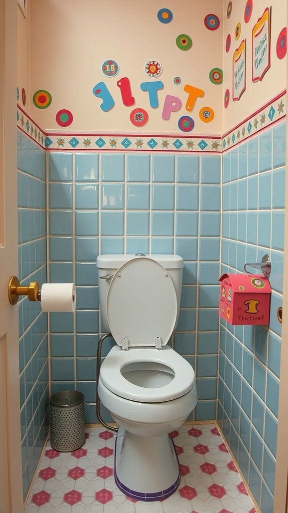 Colorful toilet paper holder in a retro-themed bathroom
