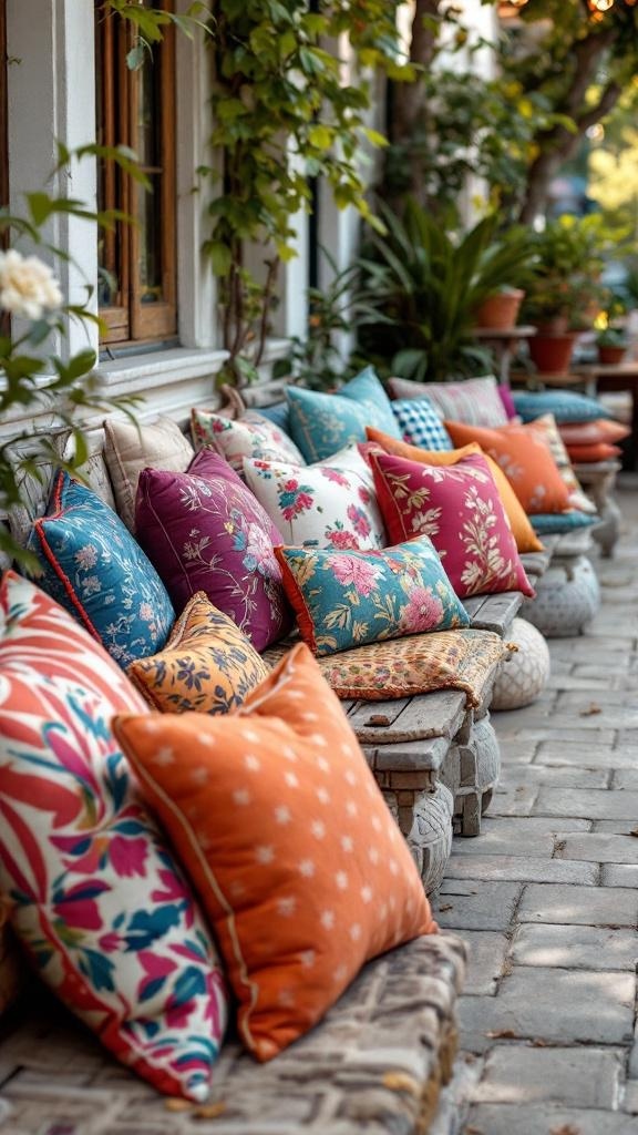 A variety of colorful vintage cushions and pillows arranged on a bench in a cozy outdoor setting.