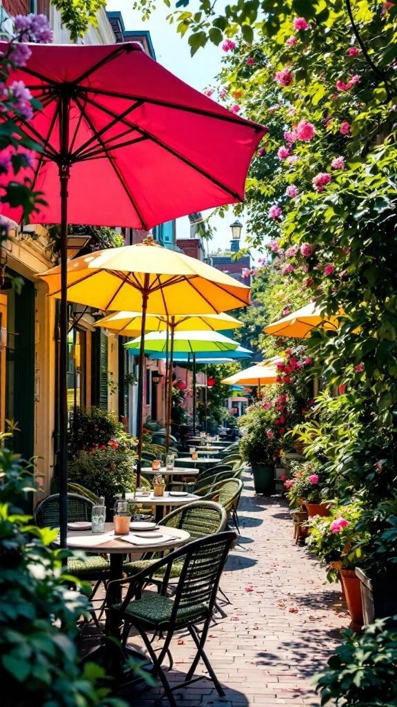 A vibrant patio scene with colorful vintage umbrellas providing shade over tables and surrounded by lush greenery.