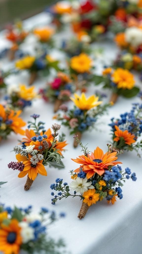 Colorful wildflower boutonnieres in blue and orange