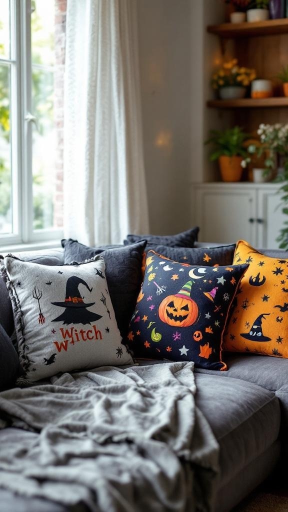 Colorful witch-themed throw pillows on a cozy couch