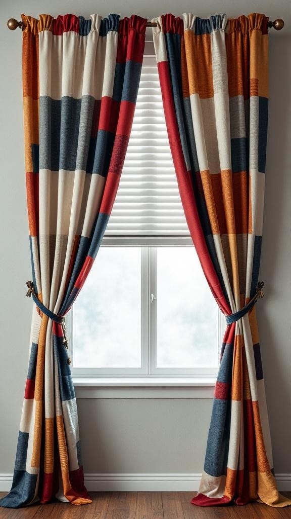 Colorful patch curtains hanging by a window