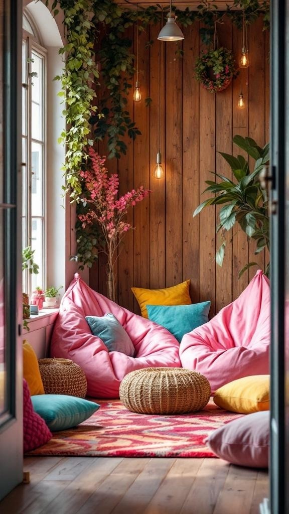 A cozy corner with pink bean bags, colorful cushions, and plants, creating a comfortable and inviting space.