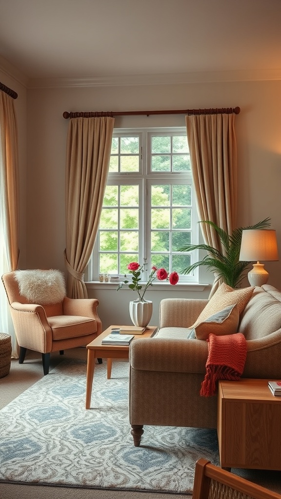Cozy living room with comfortable seating and warm decor.