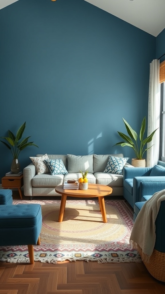 A cozy living room featuring blue sofas, a wooden coffee table, and plants.