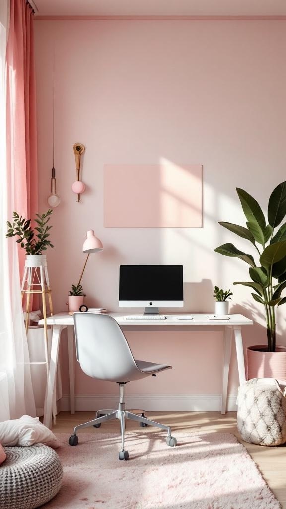 A cozy pink and grey workspace featuring a desk with a computer, a comfortable chair, and indoor plants.