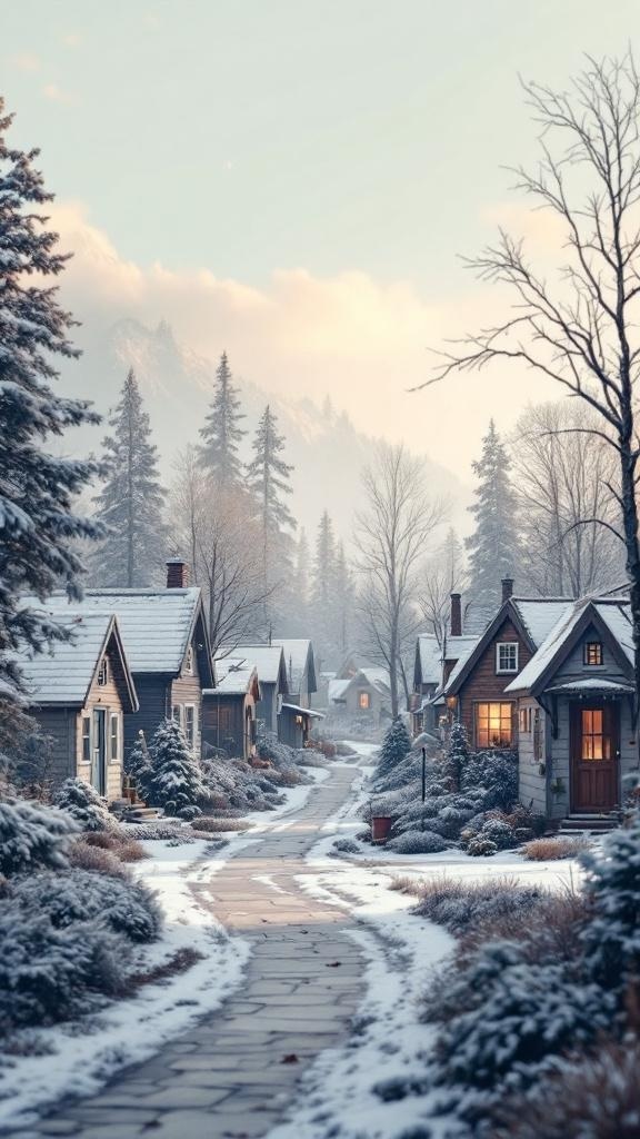 A picturesque tiny house village in winter, showcasing charming homes and snow-covered paths.