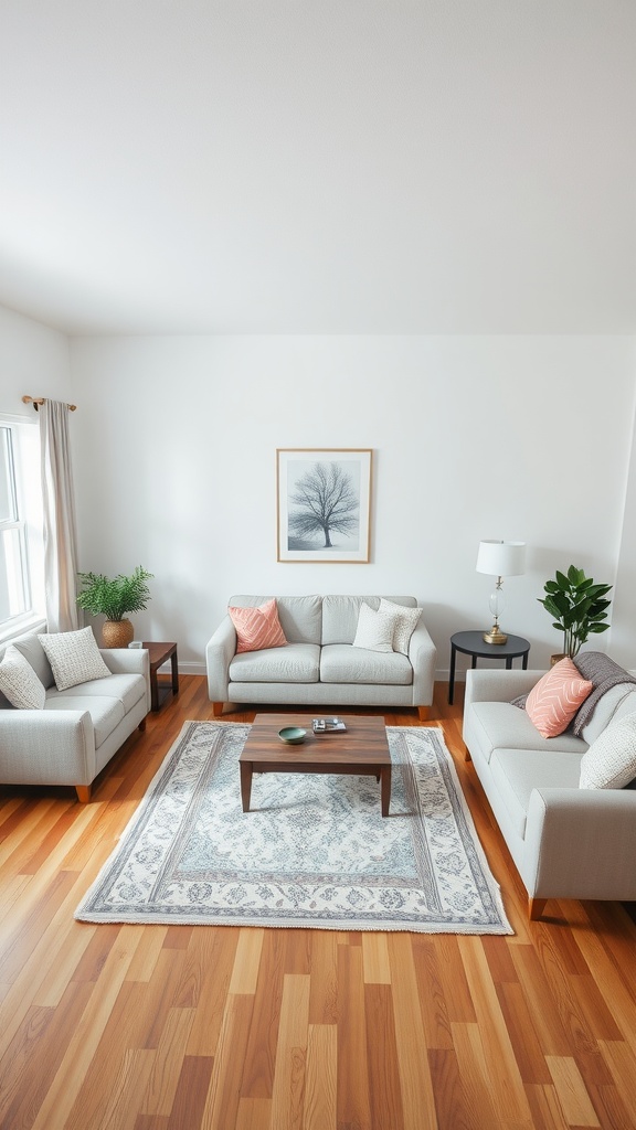 A well-furnished living room with a stylish rug, showcasing furniture arrangement.