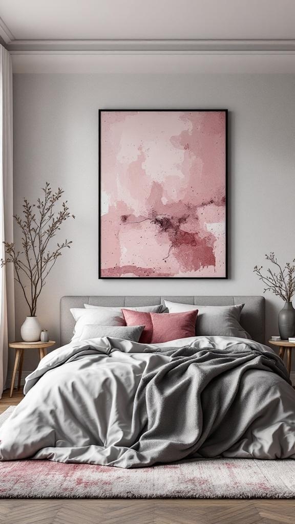 A contemporary pink abstract artwork above a grey bed in a stylish bedroom.