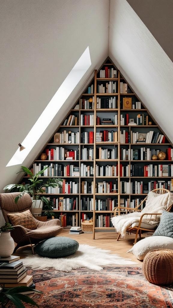 A cozy attic library featuring a sloped ceiling, wooden bookshelves, a ladder, and comfortable seating.