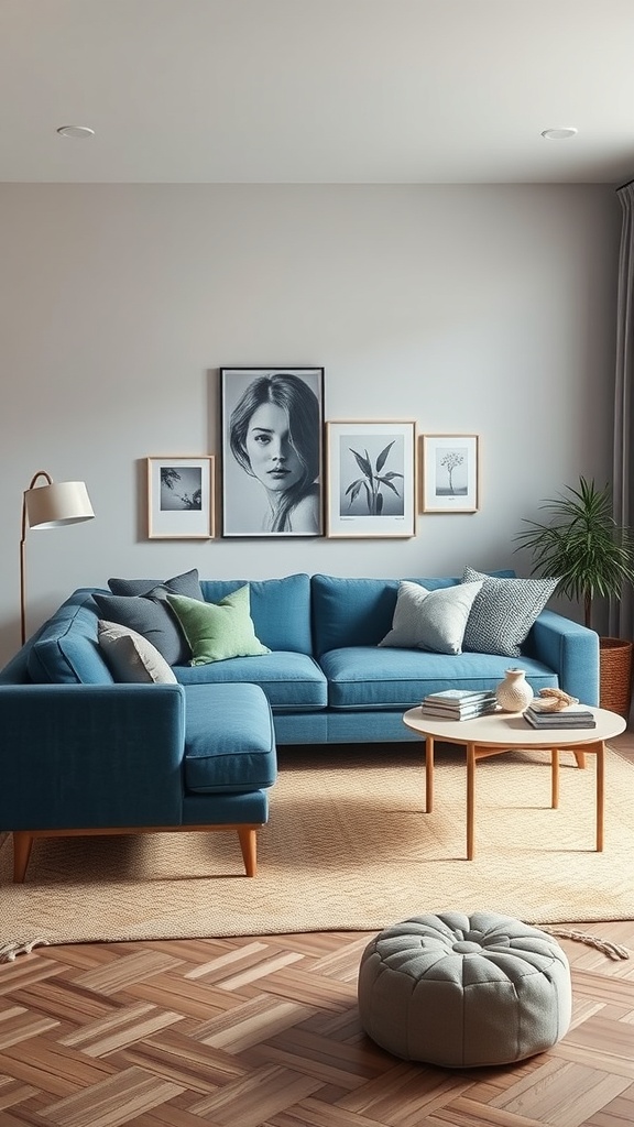 A contemporary living room featuring a blue sofa, gray accents, and decorative elements.